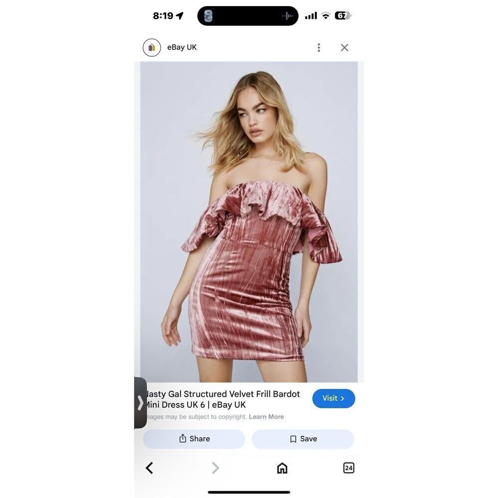 Nasty Gal Structured Velvet Frill Bardot Mini Dress Size 8